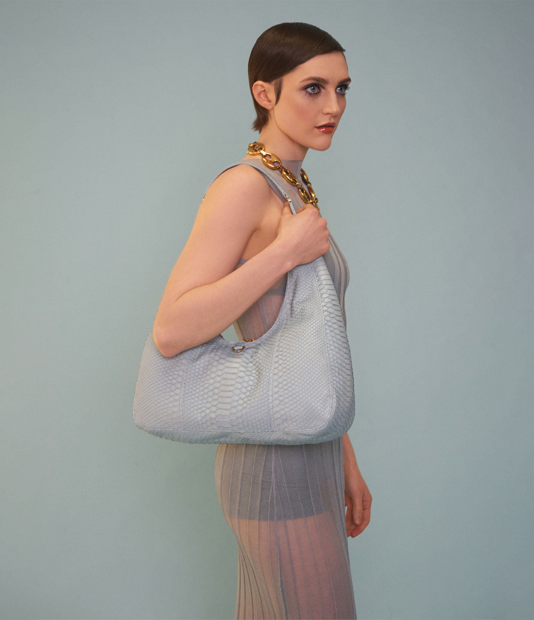 The New Hobo in Ice Blue Python with Gold Hardware