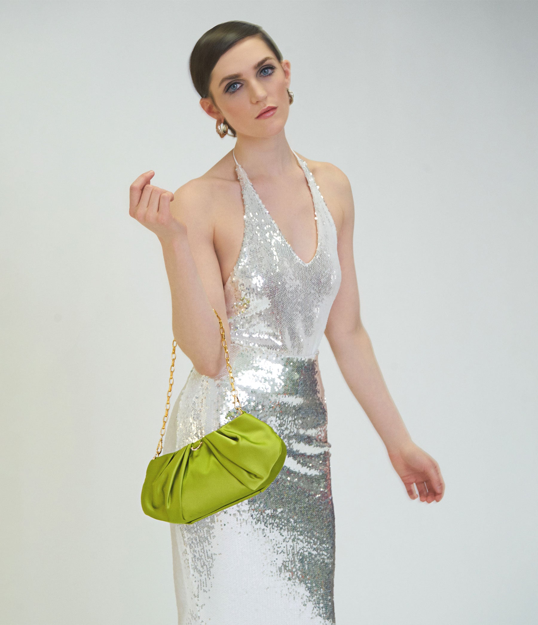 The Croissant in Lime Satin with Gold Hardware