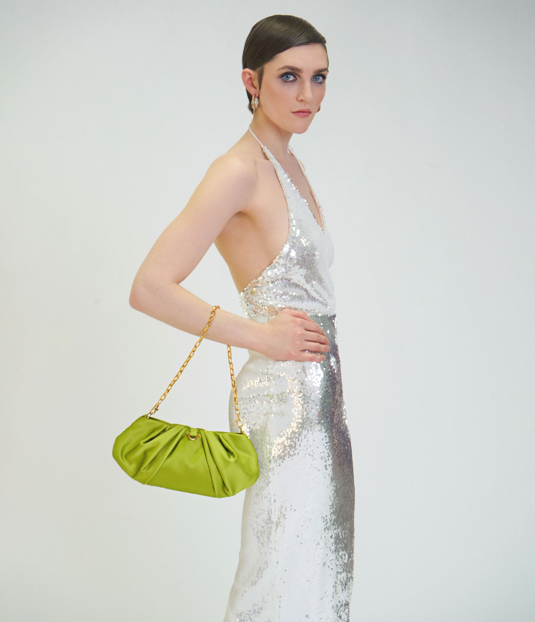 The Croissant in Lime Satin with Gold Hardware