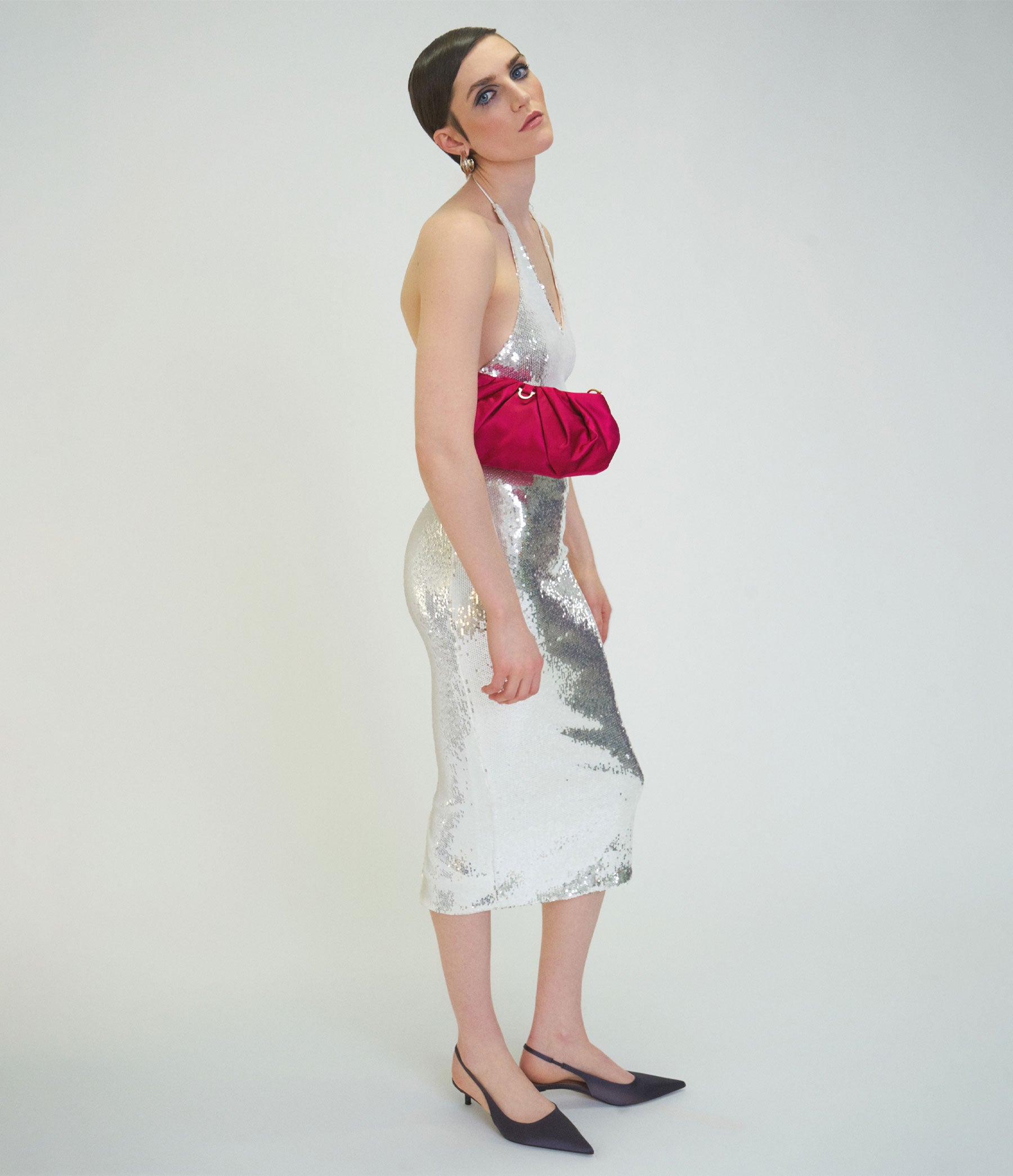 The Croissant in Fuchsia Satin with Gold Hardware