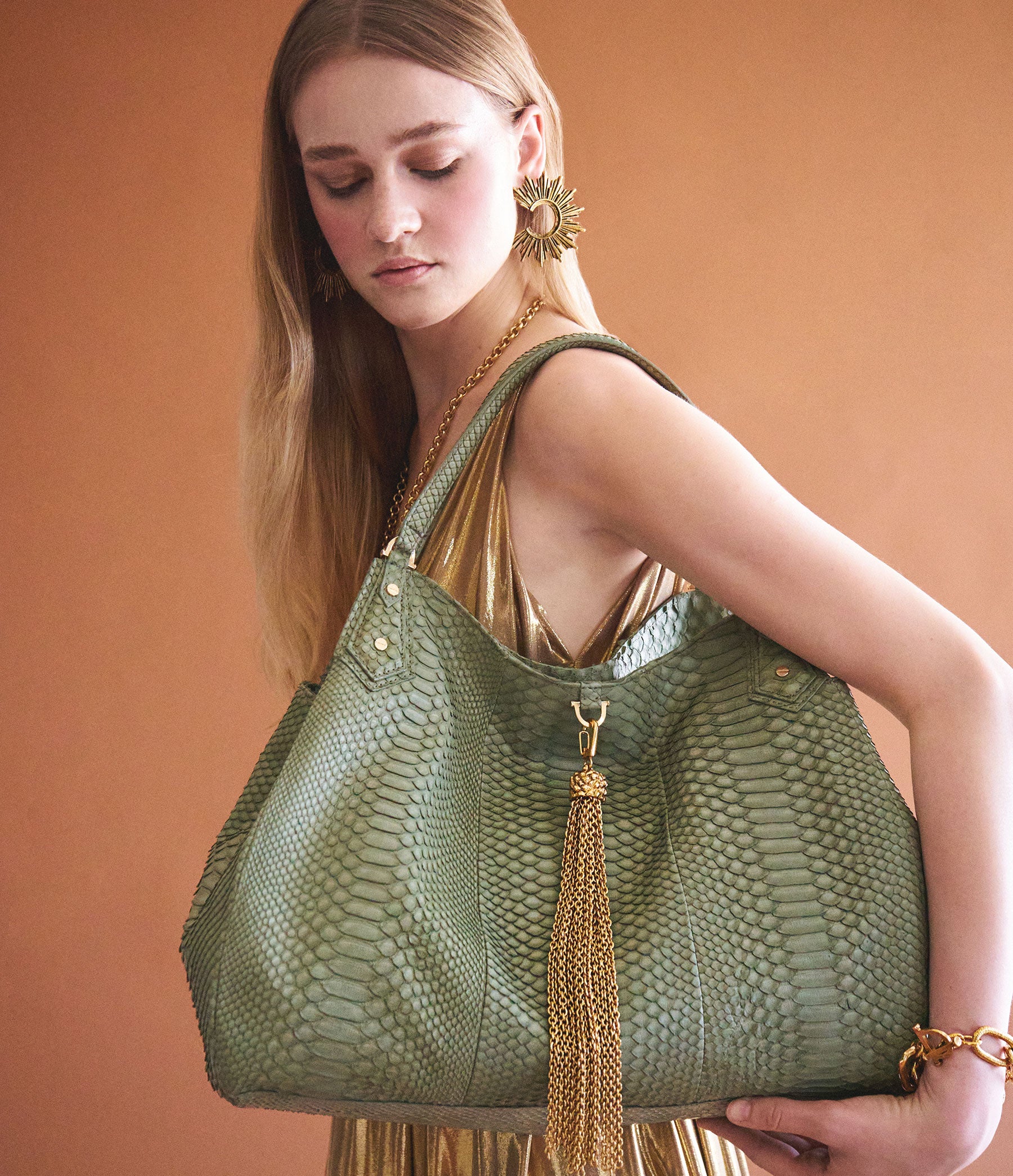 Hobo Tote in Mint Python with Gold Hardware