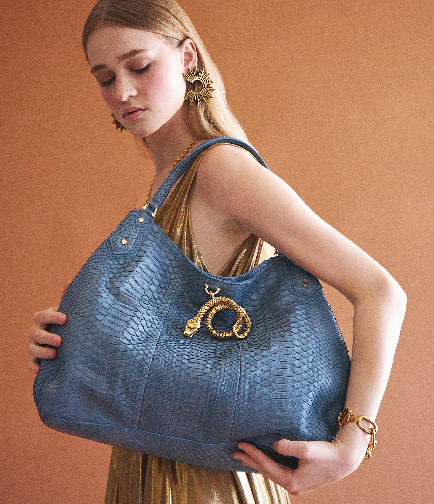 Hobo Tote in Cornflower Blue Python with Gold Hardware