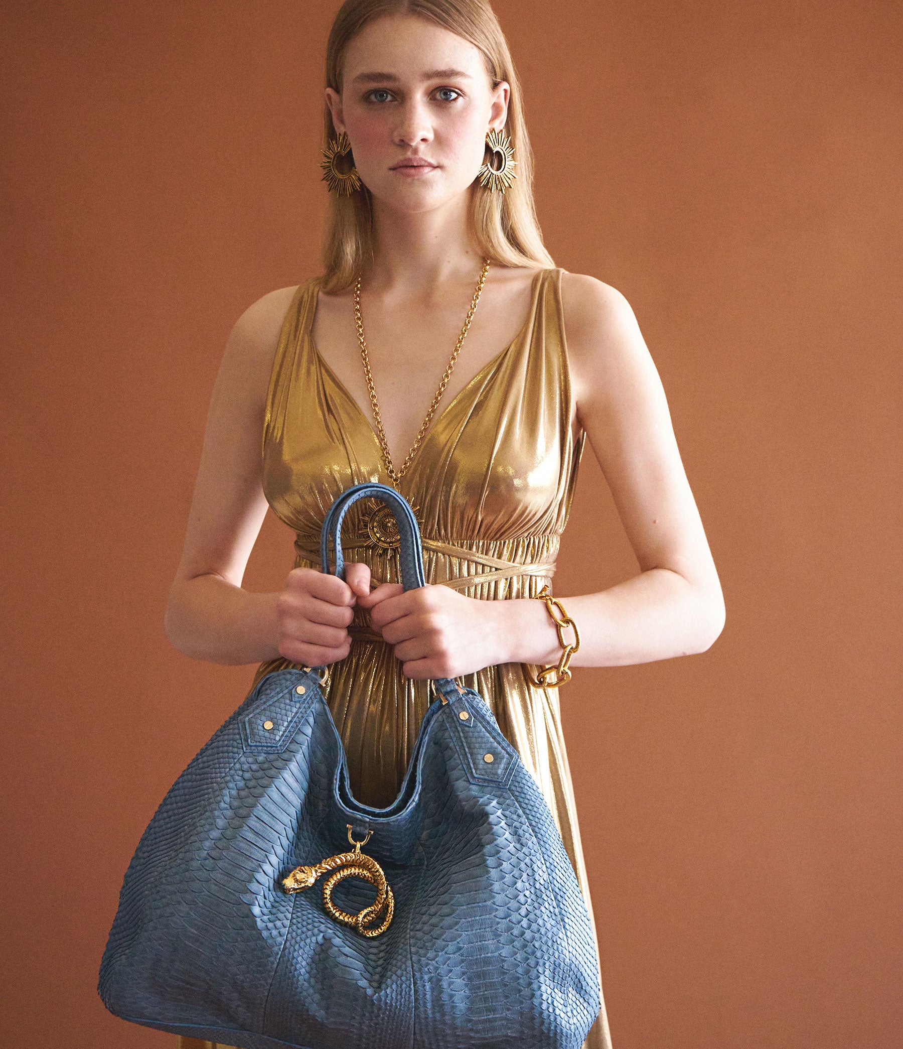 Hobo Tote in Cornflower Blue Python with Gold Hardware