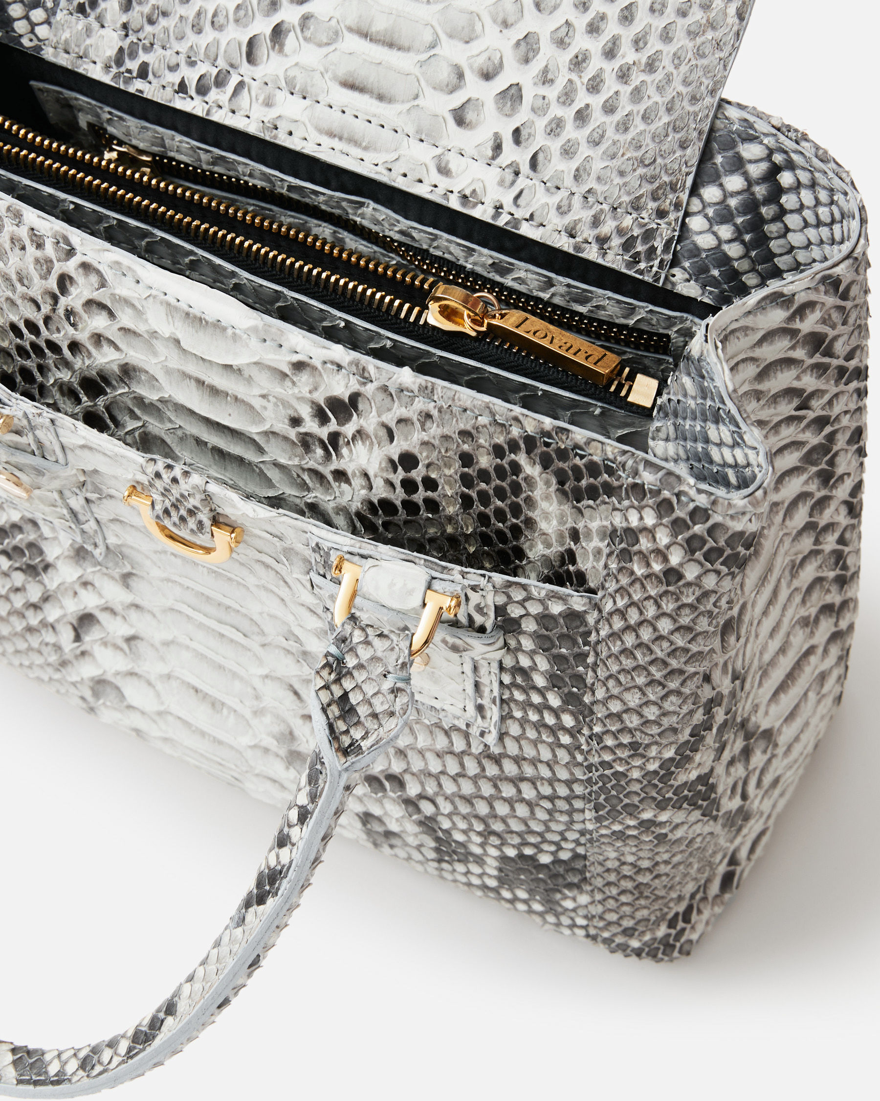 Python Box Tote in Natural Python with Gold Hardware