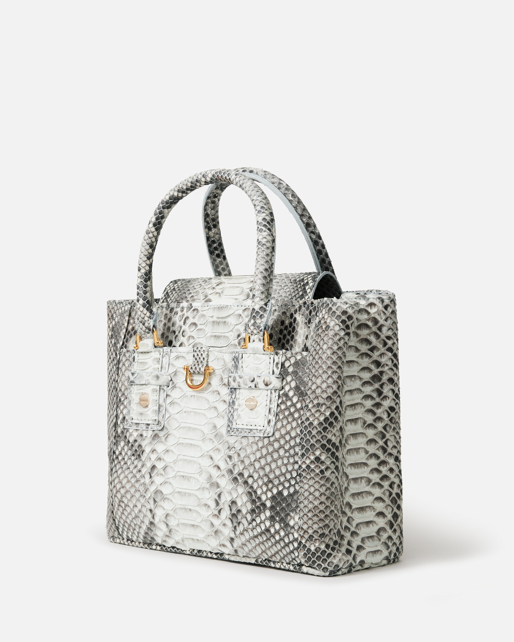 Python Box Tote in Natural Python with Gold Hardware